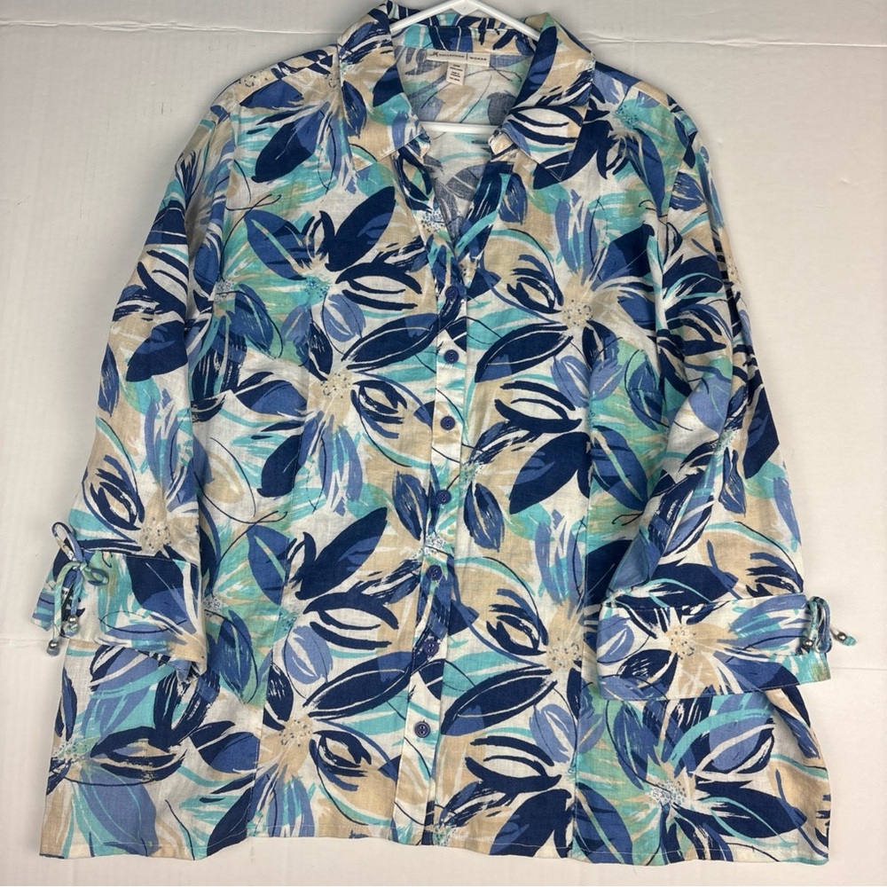 JM Collection Women 20W Shirt Blue White Beige Floral Linen Button Up 3/4 Sleeve